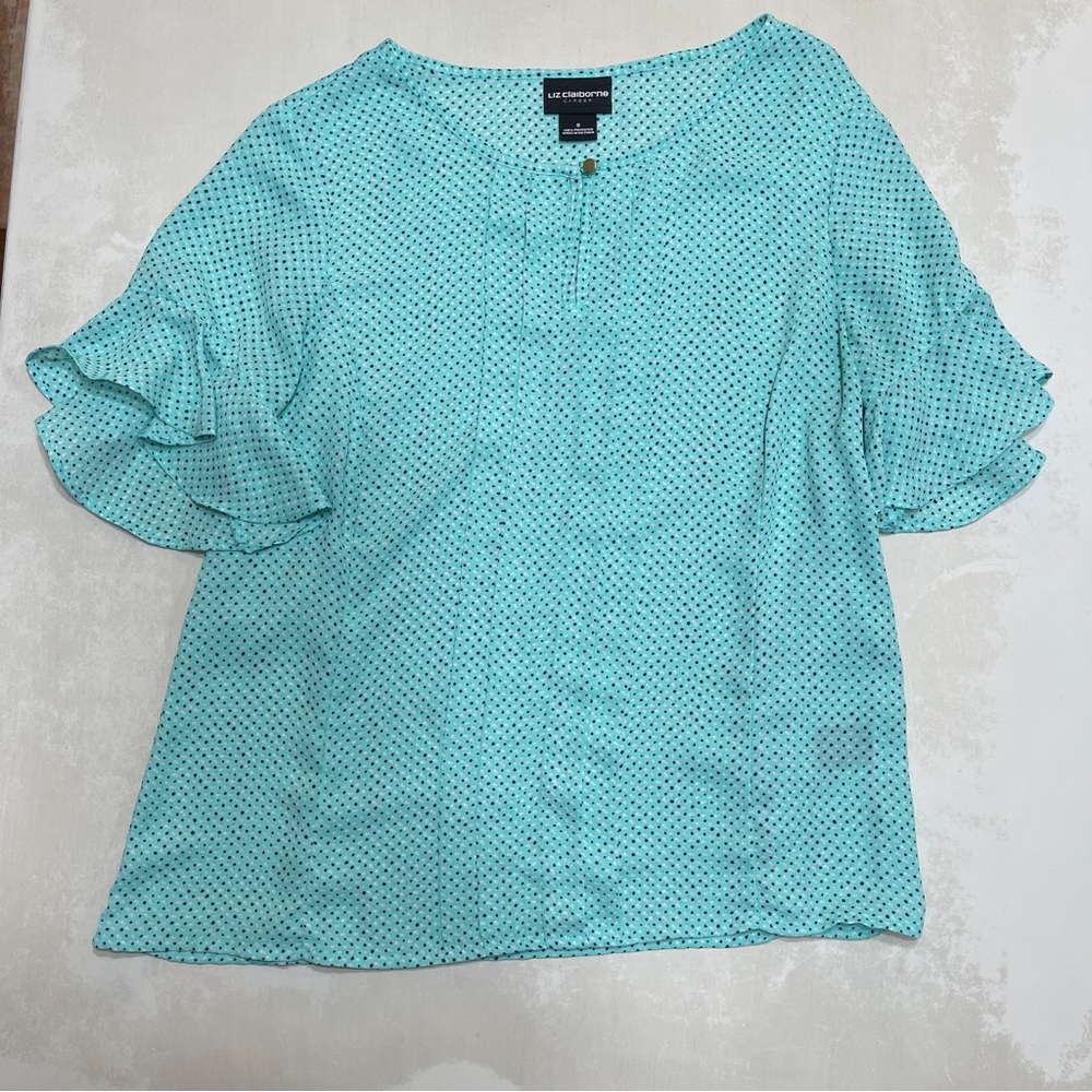 Liz Claiborne Teal Polka Dot Short Sleeve Blouse